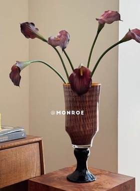 气泡高脚花瓶高端品质纯手工复古法式轻奢花瓶桌面插花装饰摆件