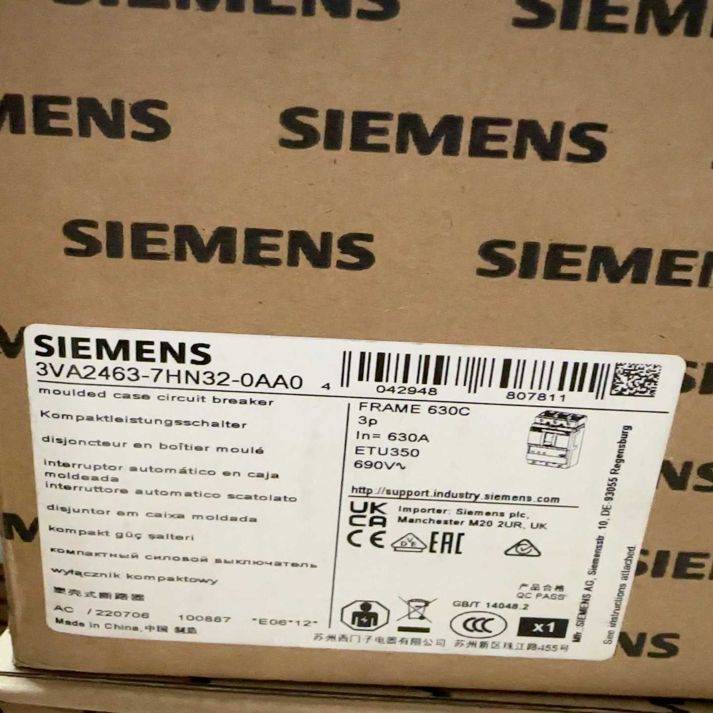 询价~塑壳断路器 3VA2463-7HN32-0AA0 3V