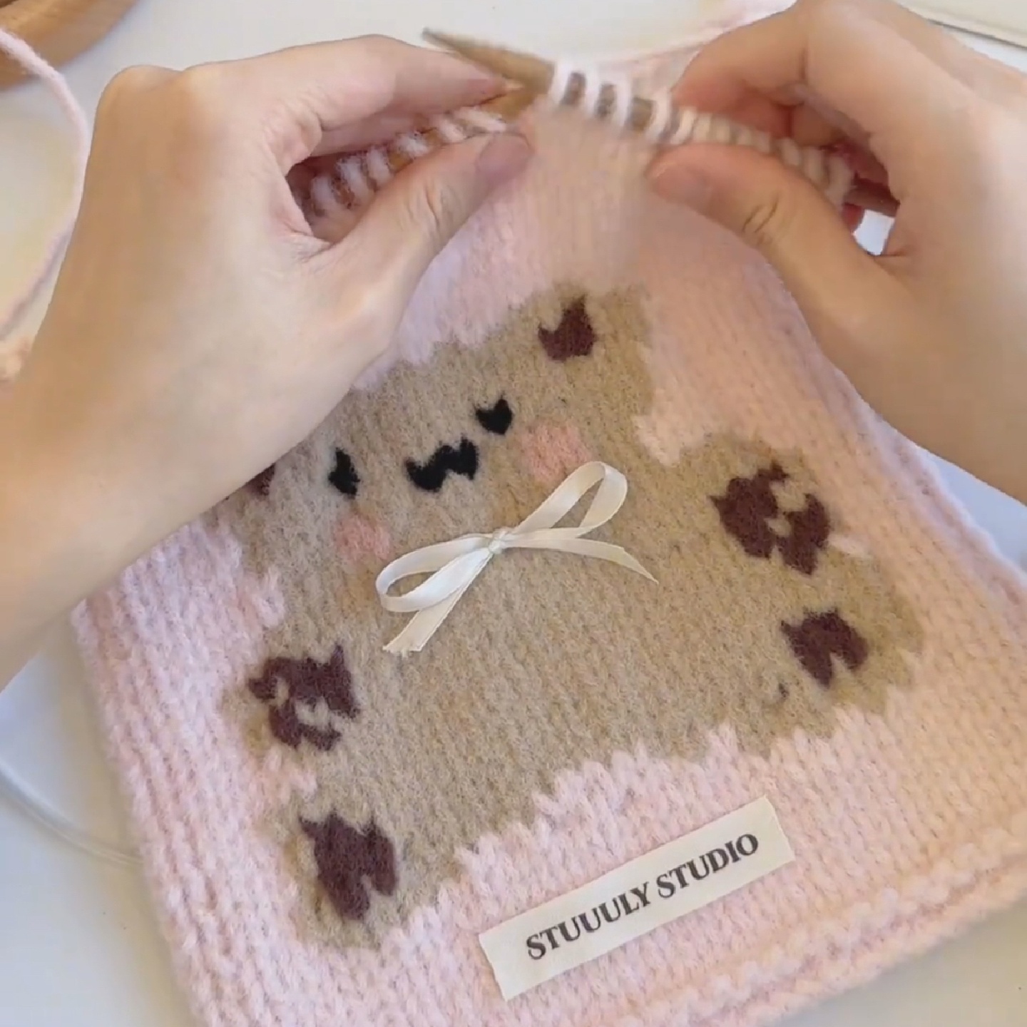 粉色甜美可爱小熊蝴蝶结围巾糯米线新款冬季毛线diy编织材料包