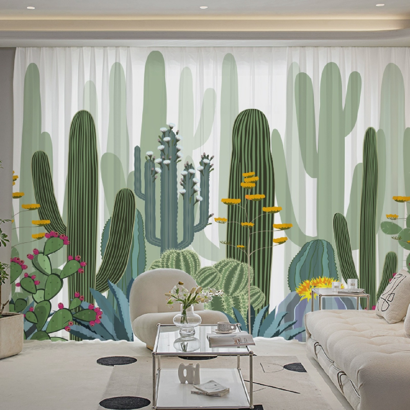 夏季防蚊虫天丝绒纱帘卧室飘窗阳台背景仙人掌隐形隔断纱窗帘简约