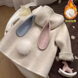 可爱连帽耳朵毛呢洋气呢大衣韩版女童宝宝加厚兔冬季夹棉外套双色