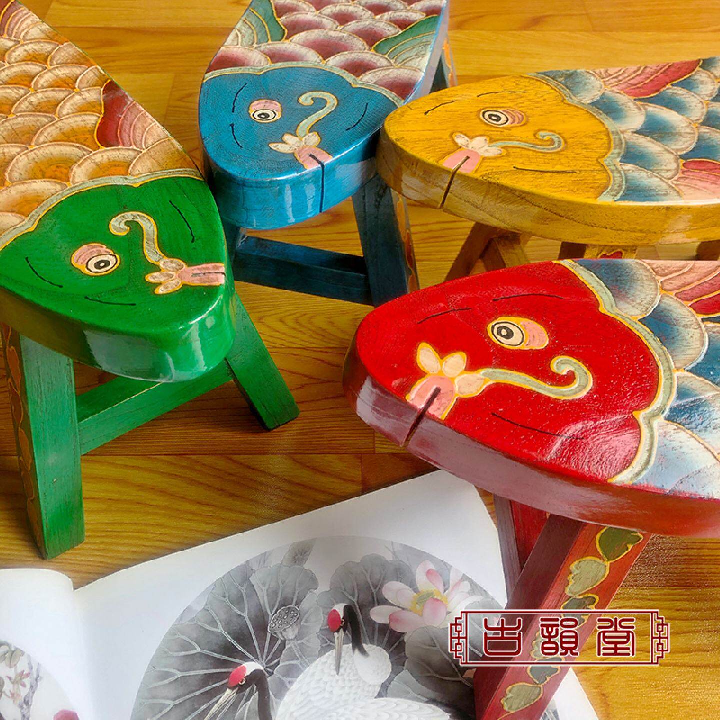 老榆木彩绘小板凳儿童小鱼凳子手绘复古矮凳家用时尚创意滑轮凳子
