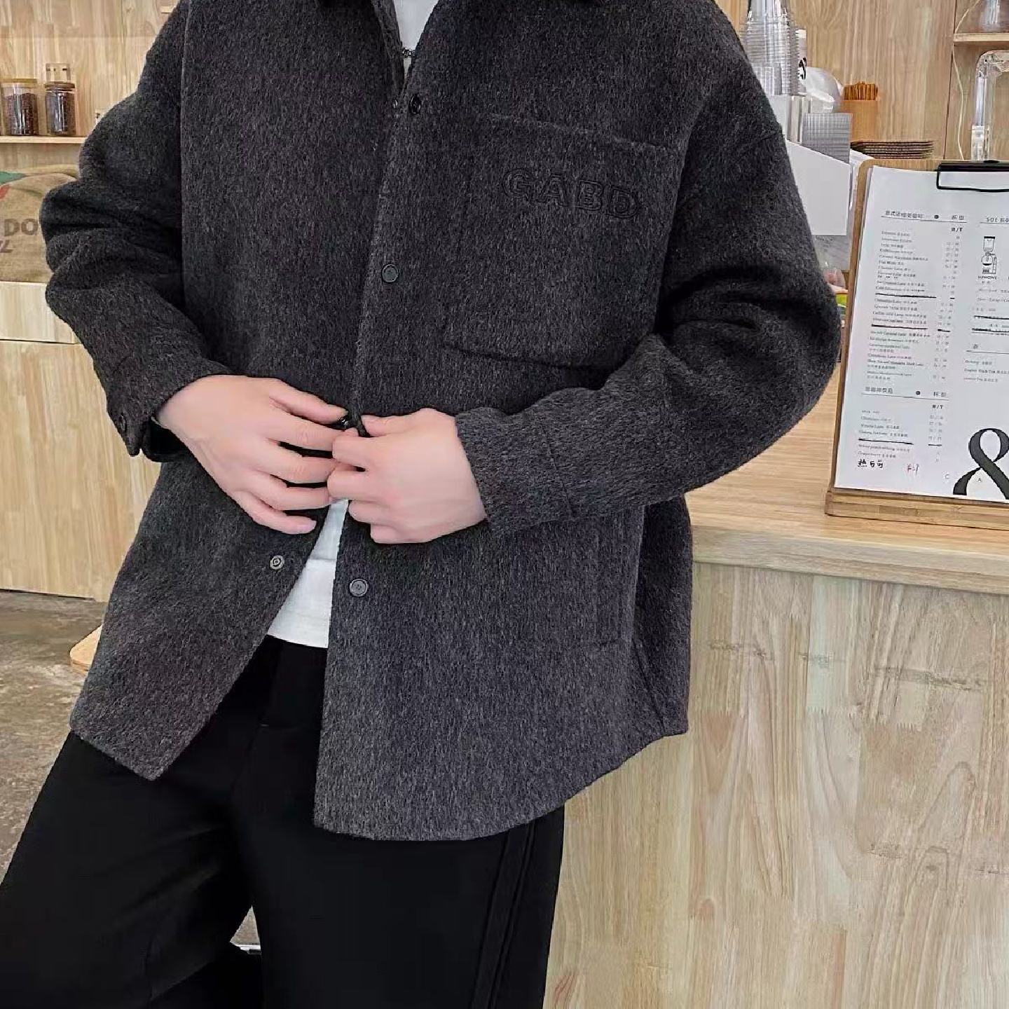 男装黑色宽松休闲潮流时尚百搭上衣衬衫外套双面羊绒羽绒可脱卸