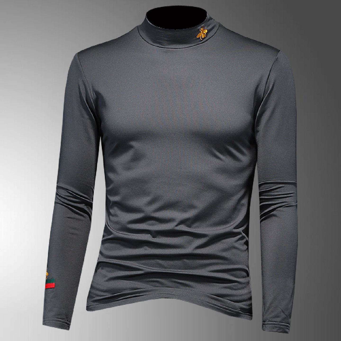 欧洲站男小蜜蜂丝光棉长袖恤秋冬薄绒修身大尺码内搭半高领打底衫
