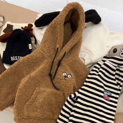 韩国童装男女童套装秋冬洋气卡通加厚连帽羊羔毛绒卫衣儿童条纹裤