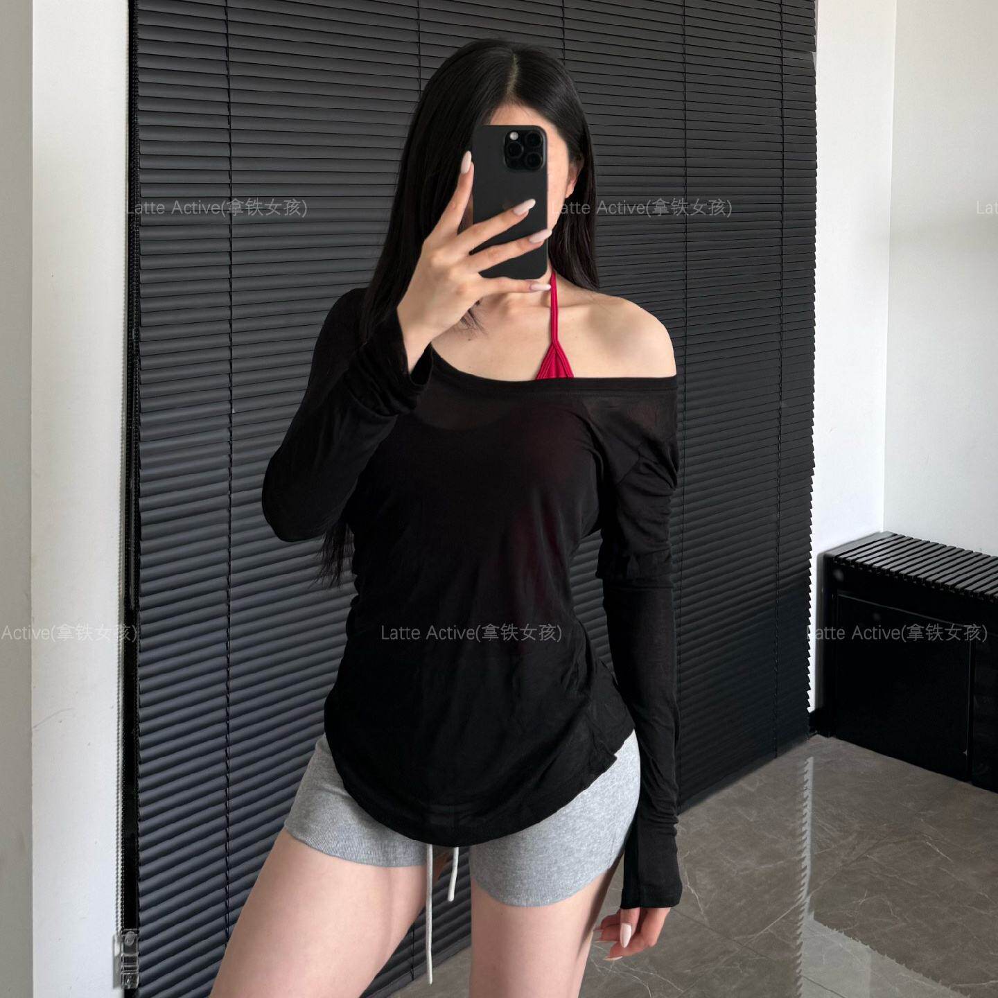 拿铁女孩薄款微透修身U领长袖防晒打底罩衫T恤女上衣宽松春夏速干