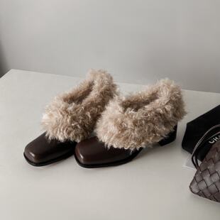 牛皮版方头毛毛鞋一脚蹬复古加绒保暖玛丽珍小皮鞋棉鞋粗跟单鞋