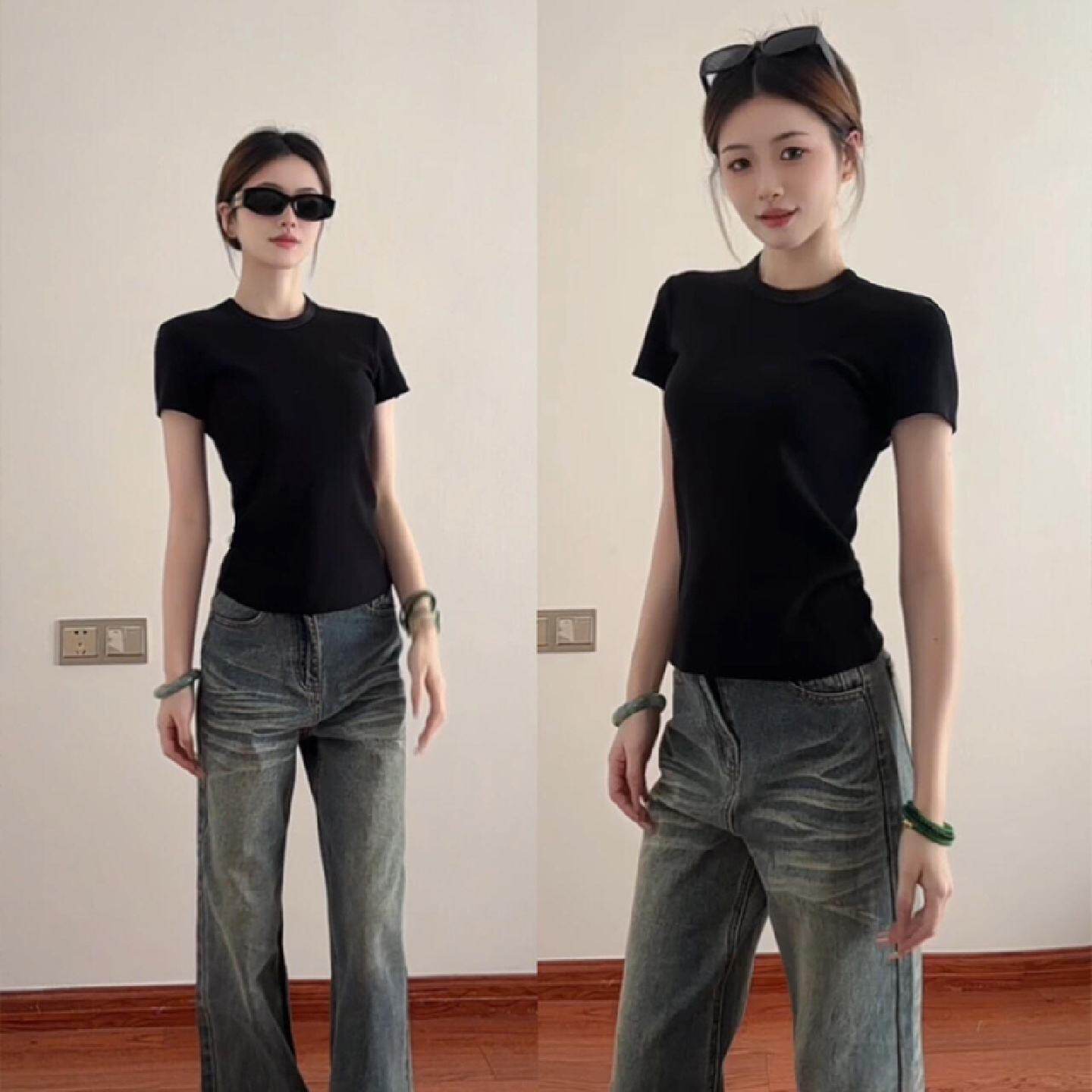 黑色正肩圆领短袖t恤女夏季2025新款辣妹纯棉修身显瘦紧身短上衣