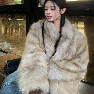 仿皮草外套女冬季短款加厚时尚环保狐狸毛高级晕染双色毛茸茸大衣