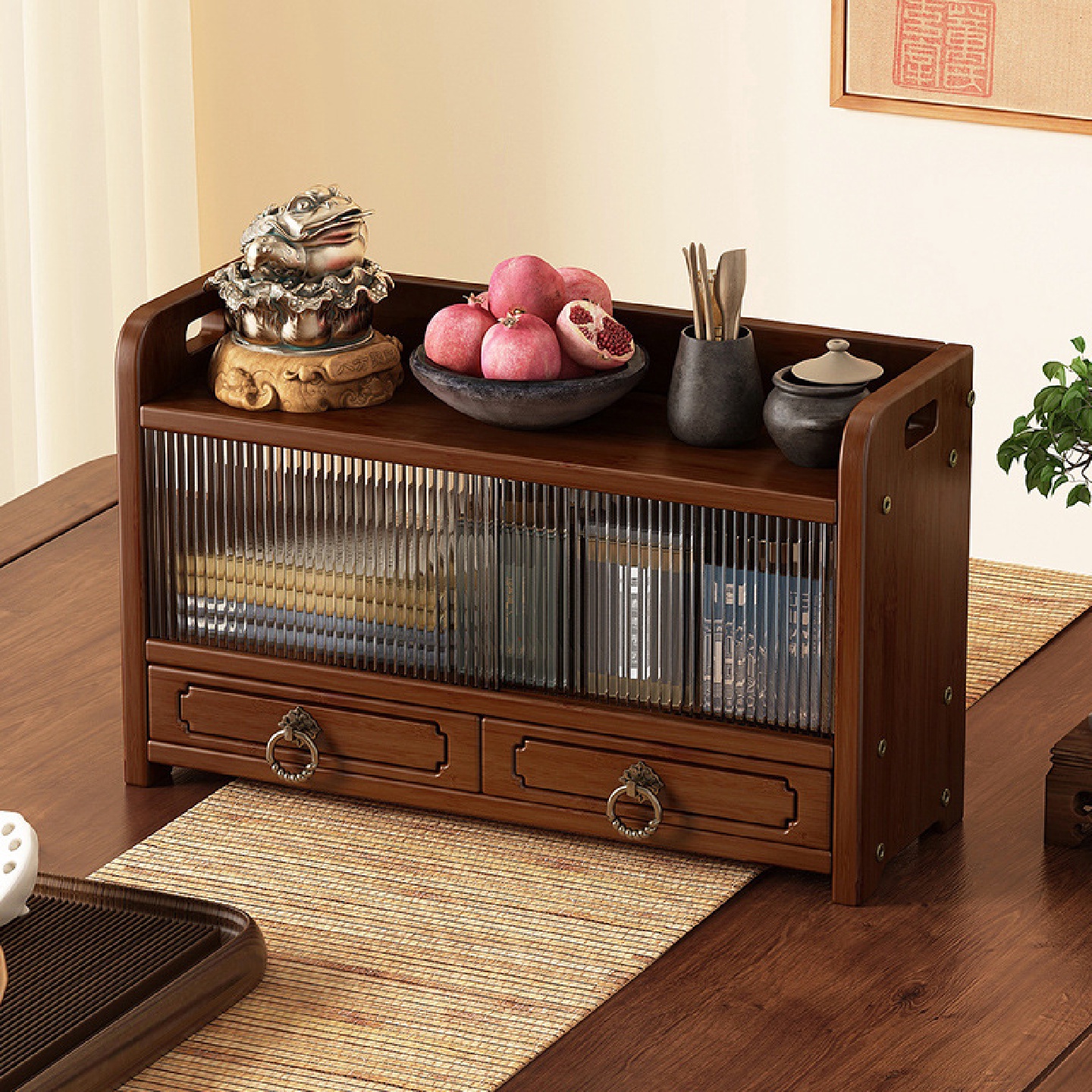 小型博古架台面茶叶置物架新中式紫砂壶摆放架亚克力门带抽展示架