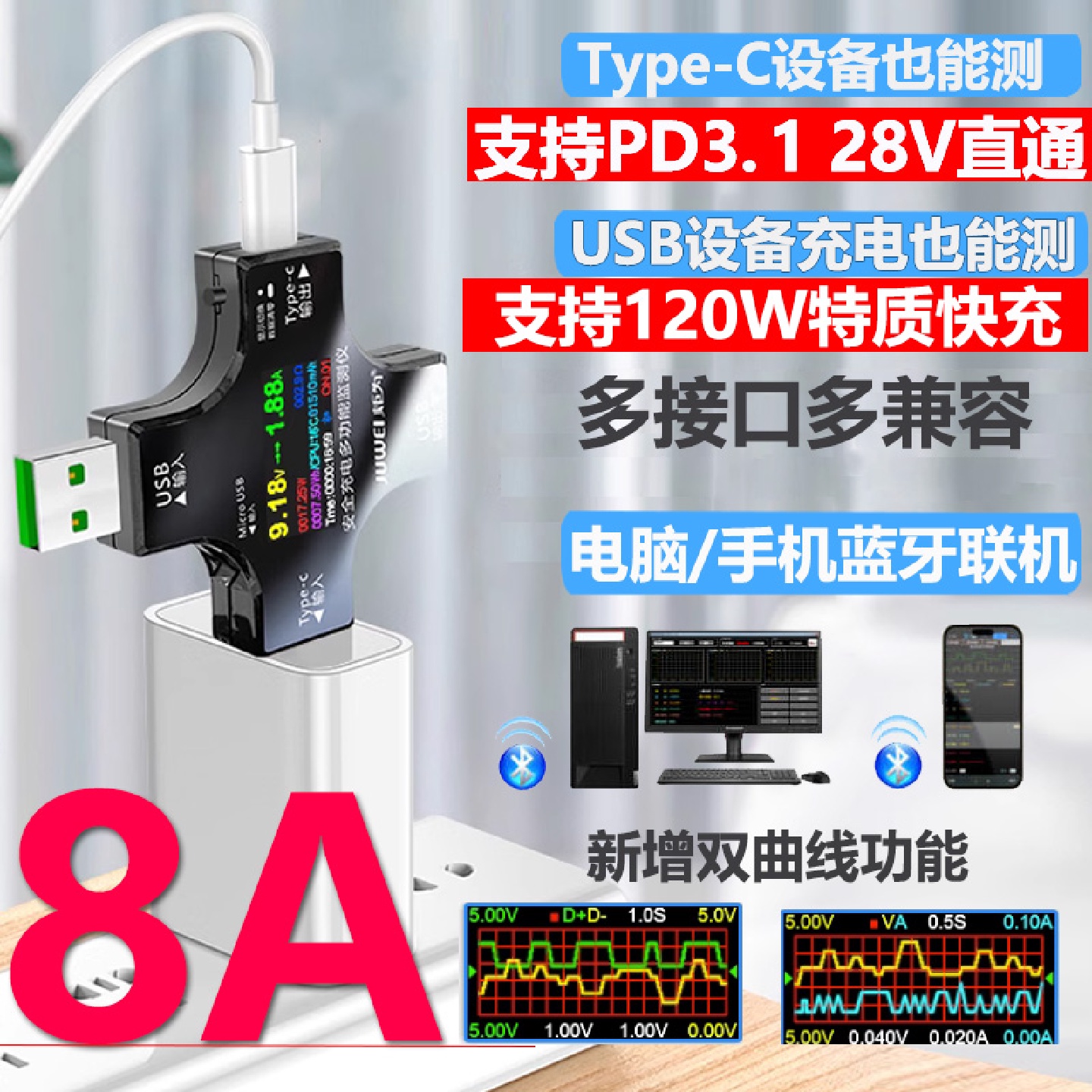 炬为usb检测仪数显电流表电子电压表充电器Type-c测试仪表功率计