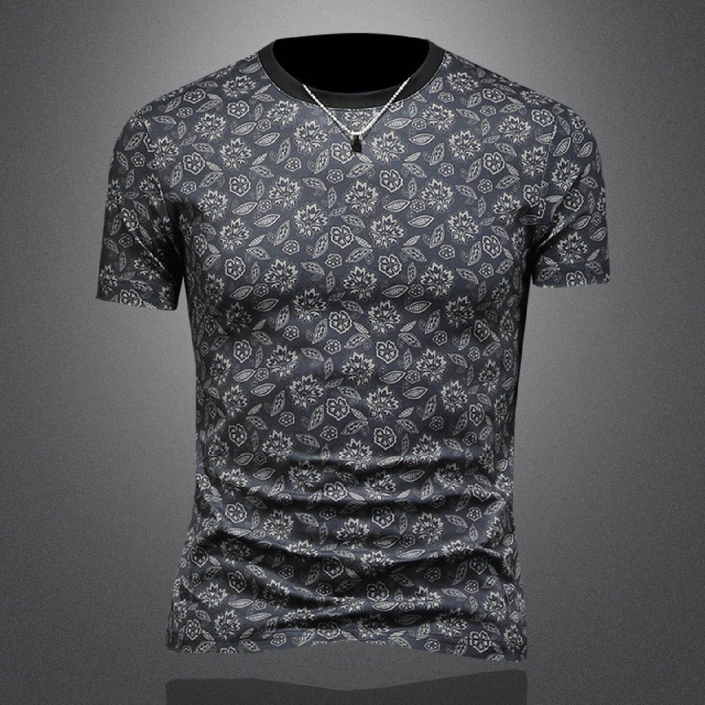 夏装男士圆领短袖恤衫个性碎花修身潮流休闲青年百搭上衣服潮男装