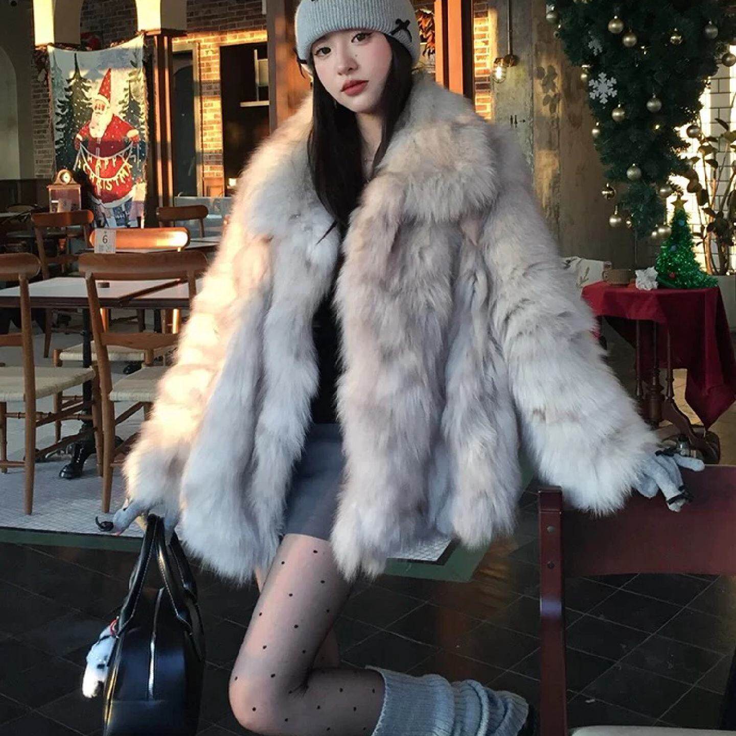 高级仿狐狸毛皮草女冬季时尚新款双色渐染独特环保毛毛外套厚大衣