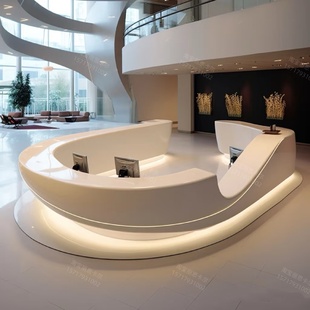 烤漆圆弧玻璃钢异形前台公司接待台美容院高端吧台酒店大堂收银台