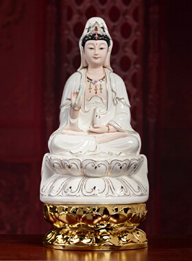 戴玉堂金色莲花观音佛像陶瓷摆件中式风格加高台座保平安