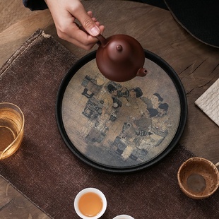 批发墨彩速干吸水茶盘干泡茶台陶瓷壶承家用小型圆形功夫茶具