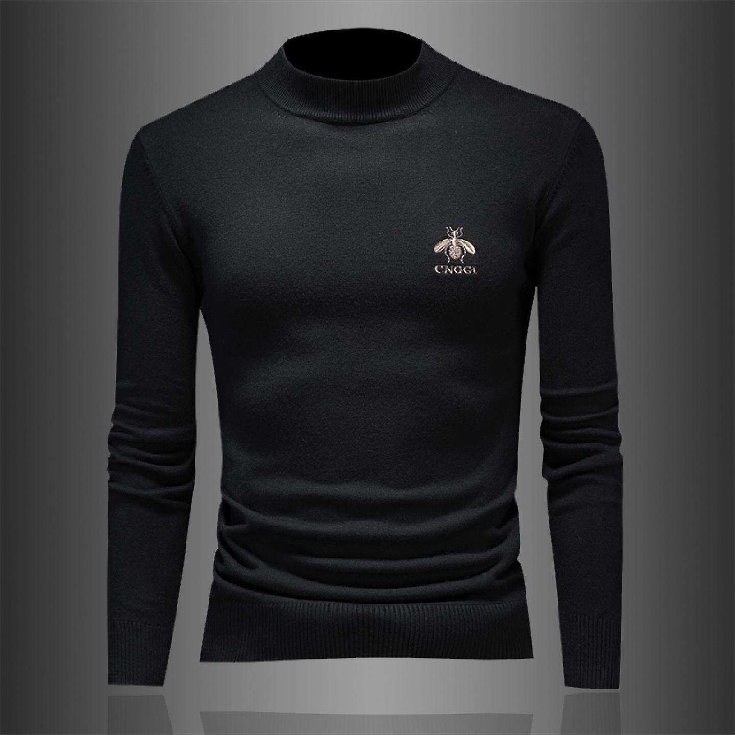 欧洲站羊毛衫男冬季新款潮流纯色简约蜜蜂刺绣半高领保暖打底毛衣