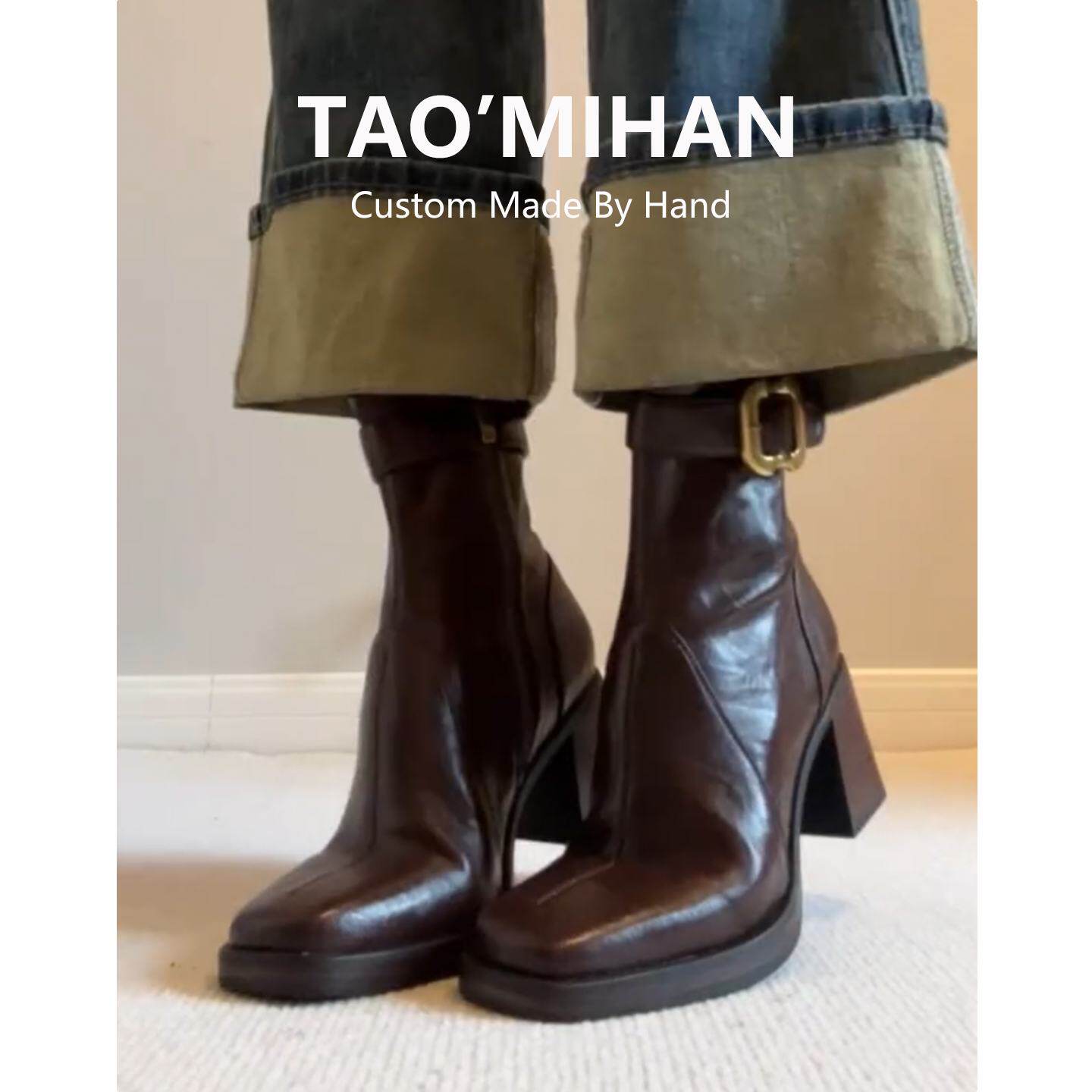 真皮增高小个子高跟鞋短靴女2025秋冬新款马丁靴粗跟加绒瘦瘦靴子