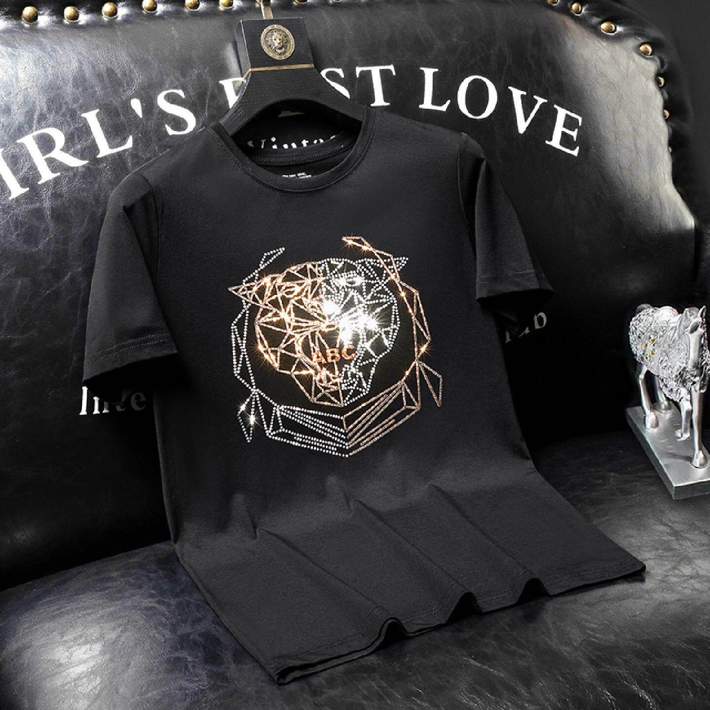 2026夏季烫钻短袖恤男欧洲站亮片上衣青年丝光棉打底半袖新款潮潮