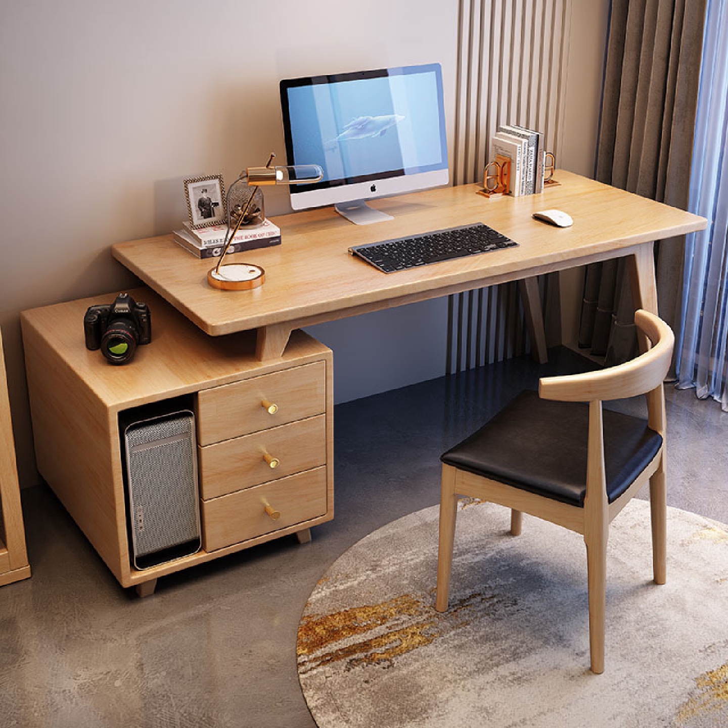 实木书桌书柜组合现代简约转角电脑桌办公桌家用卧室学生写字桌子