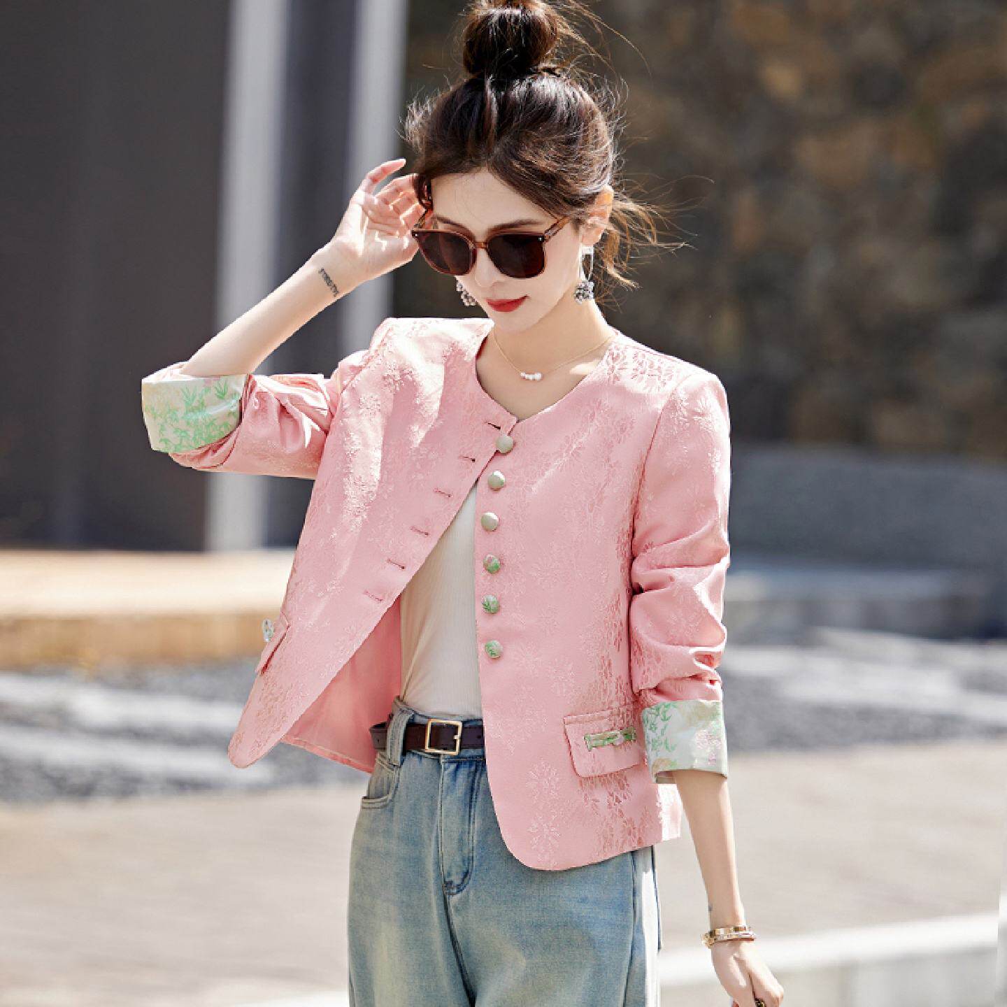 新中式外套女2025新款女款春秋款爆款中国风女装粉色短款上衣