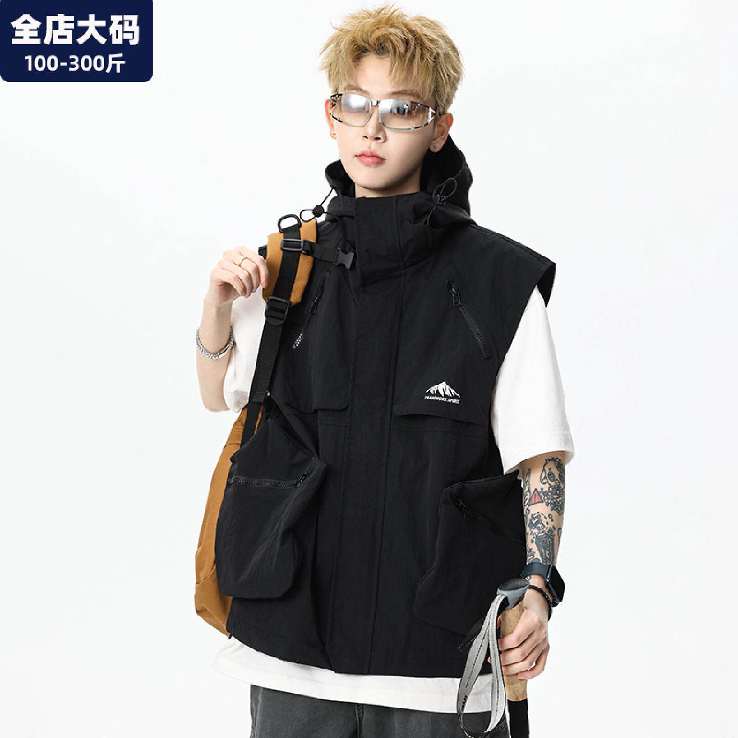 工装马甲男秋季新款多口袋马夹外套胖子加肥加大大尺码男装无袖背