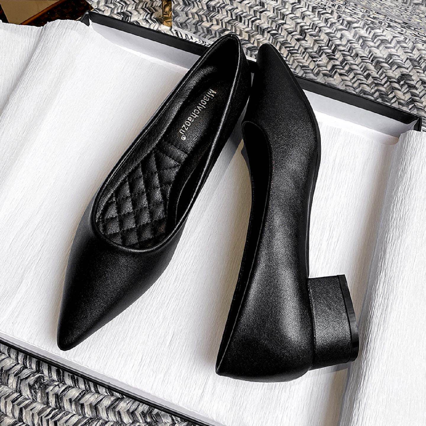 软皮气质粗跟单鞋职业女鞋2025新款不累脚工装上班工作鞋黑色鞋子