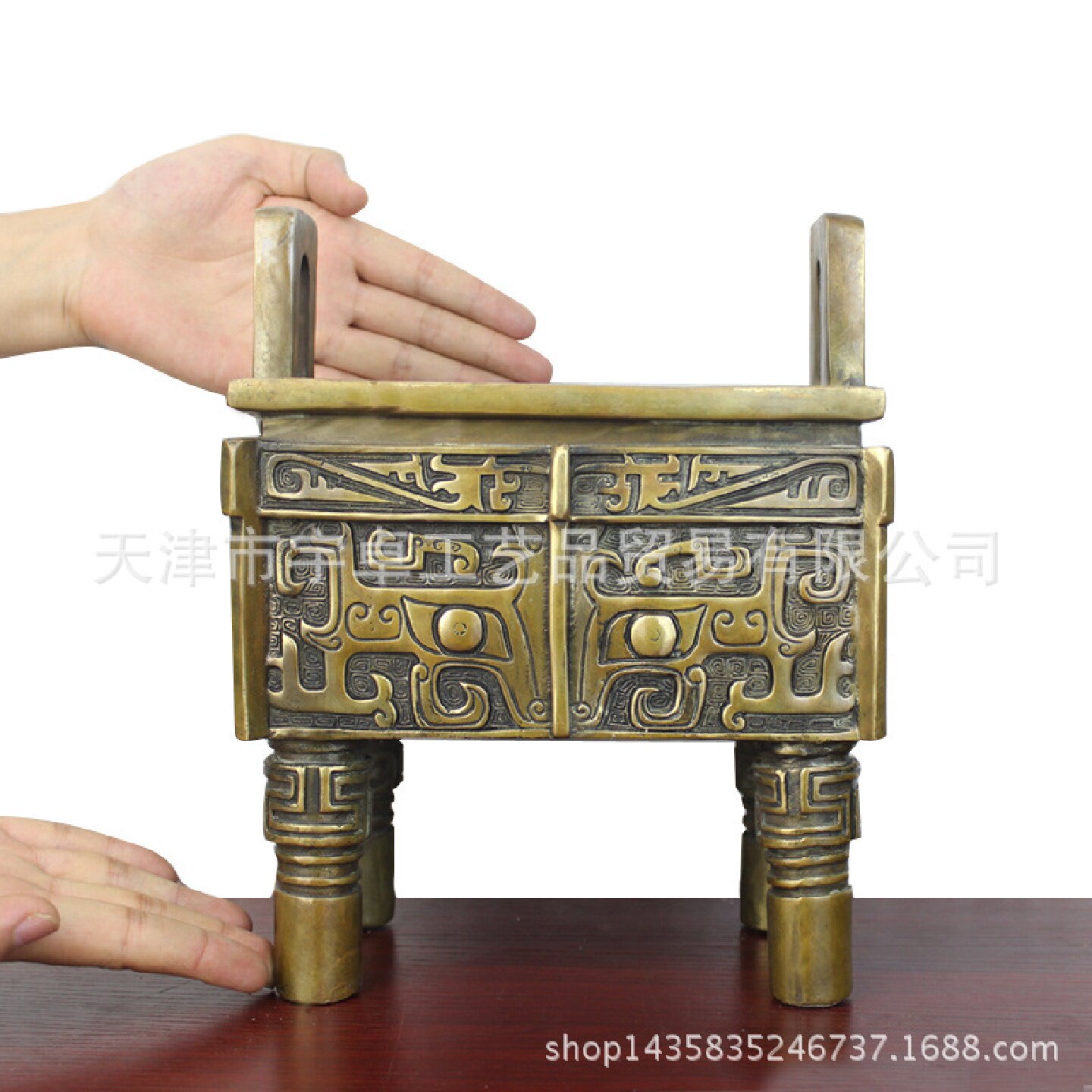 宇卓铜器铜香炉 纯铜鼎黄铜兽面纹仿古大方鼎铜工艺品摆件