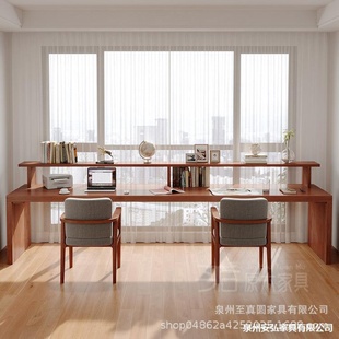 家用现代简约原木大学习书桌书架组合实木双人长书桌办公电脑桌子