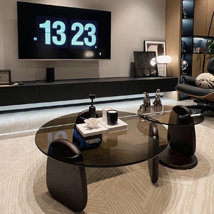 轻奢圆茶几现代简约小户型创意设计师钢化玻璃茶几电视柜组合 意式