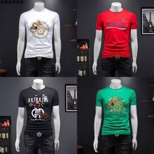 高端短袖恤男生圆领刺绣纯棉夏季修身打底衫内搭潮牌半袖体恤潮男