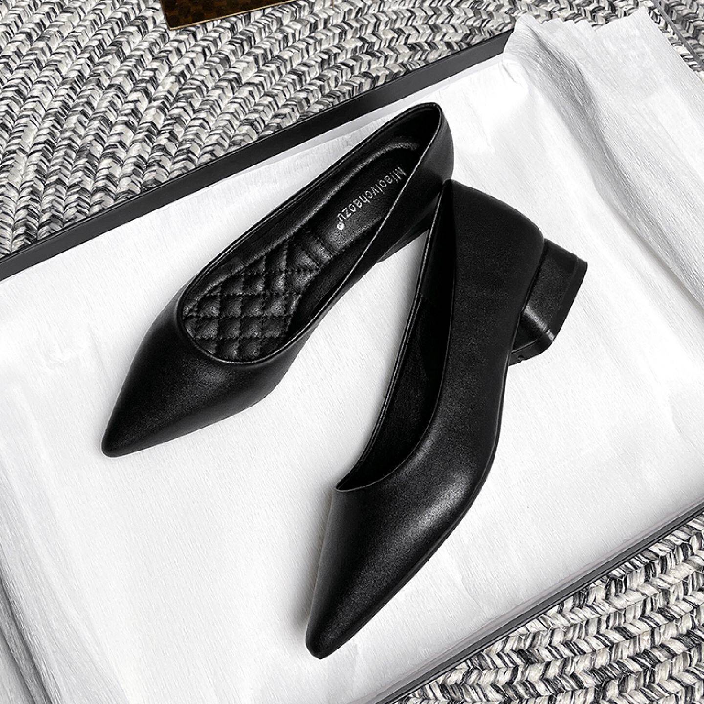 职业女鞋不累脚软底粗跟尖头单鞋气质低跟工装上班工作鞋黑色皮鞋