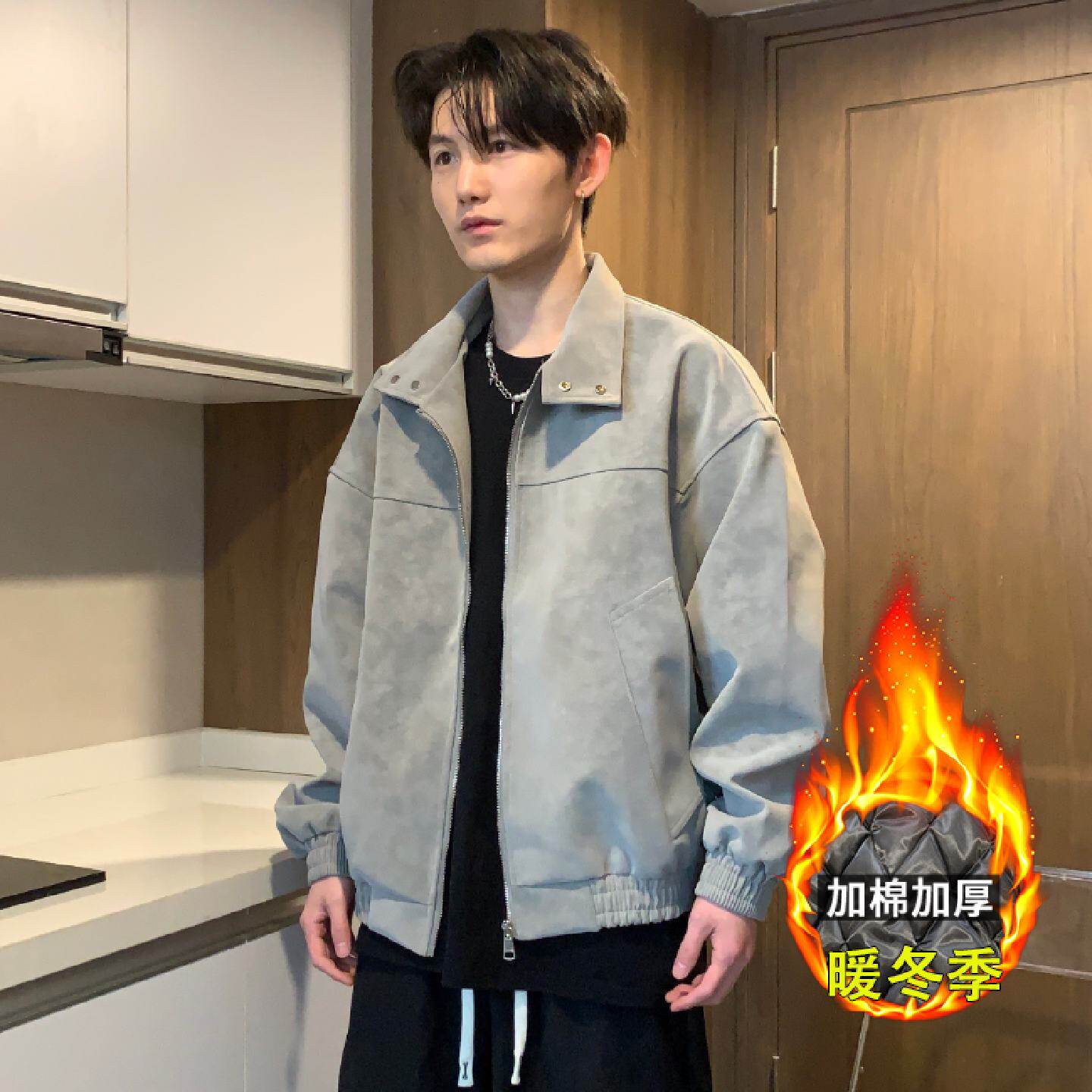 夹克外套男款秋冬新款紮染复古立领皮衣夹克痞帅宽松百搭情侣外套