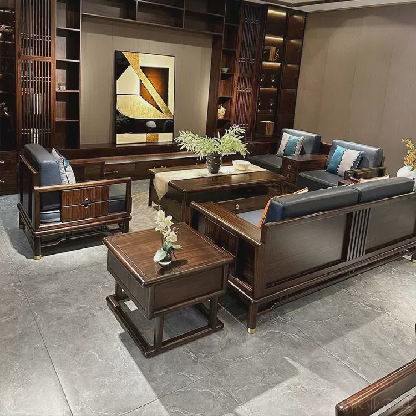 新中式沙发现在禅意别墅样板房客厅实木真皮沙发组合简约酒店家具