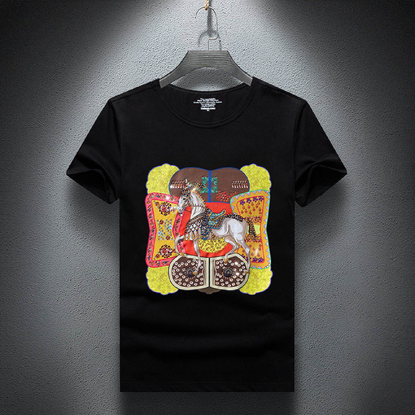 2026夏季短袖冰丝恤男士欧洲站潮牌烫钻印花半袖打底衫潮高