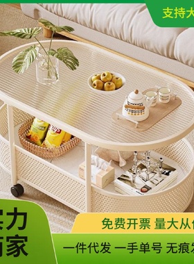 可移动客厅茶几小户型边几奶油风新款沙发边几玻璃小茶几收纳推车