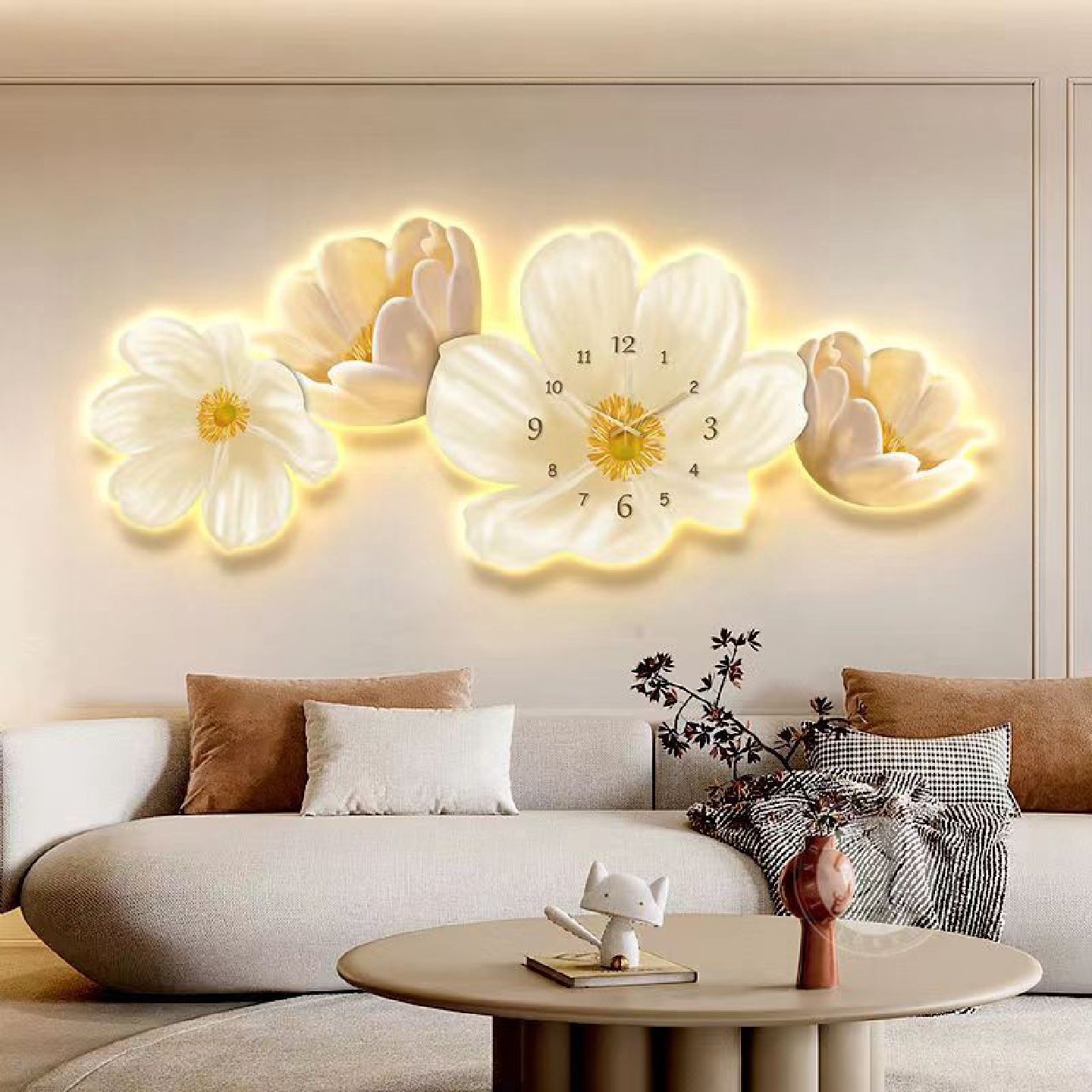 花卉沙发背景墙壁挂画新款LED灯时钟家用轻奢床头客厅挂钟新款,家居饰品,氛围画/灯画,淘宝优惠券,粉丝福利购,淘宝优惠卷