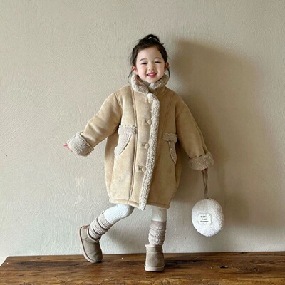 女童冬装加厚羊羔毛麂皮绒中长款大衣2024女宝宝韩版皮毛一体外套