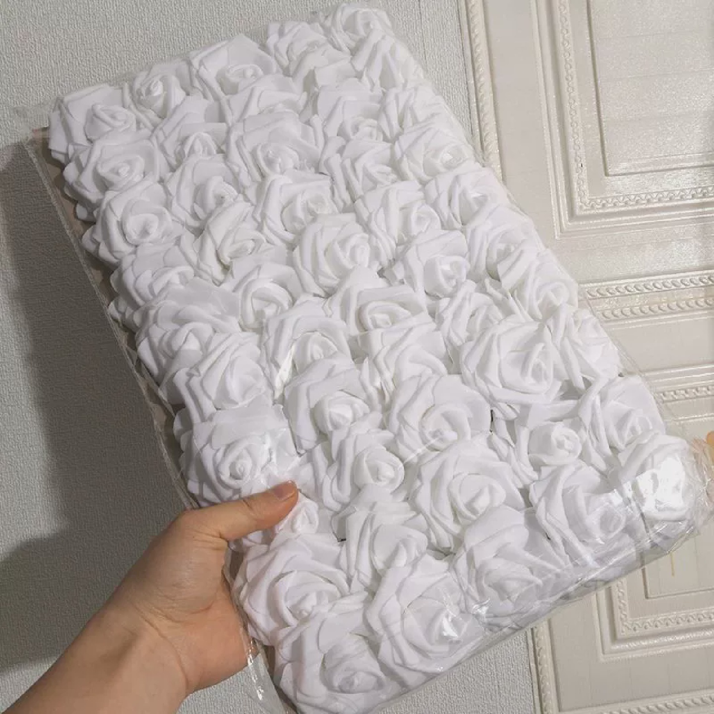 50pcs/package White PE Rose Artificial Flower Head With Stem