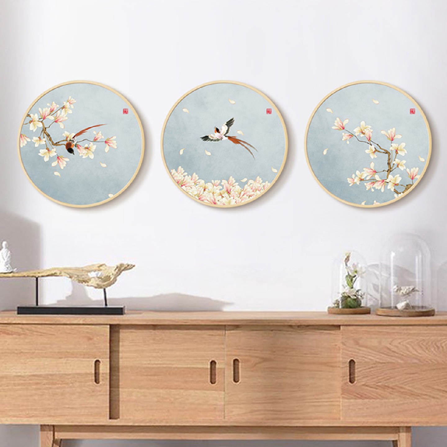 新中式圆形花鸟装饰画客厅背景组合挂画茶室玄关壁画卧室床头画图片