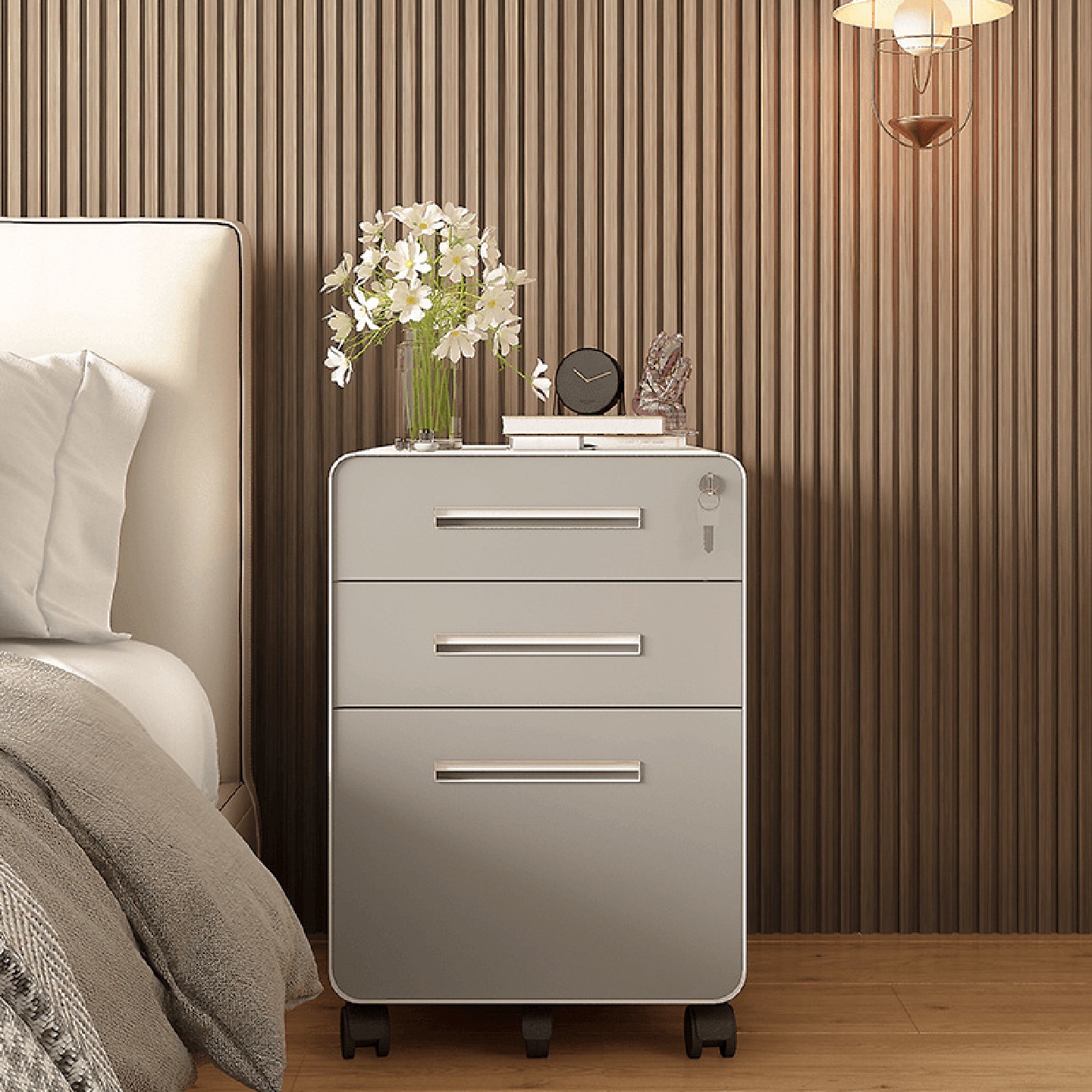 钢制小床边柜床头柜简约现代奶油风带锁储物柜家用卧室铁艺收纳柜