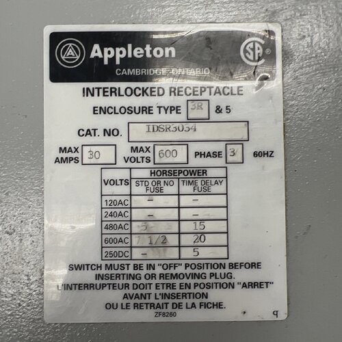 Cutler Hammer Interlocked Receptacle IDSR3034 Enclosed Type