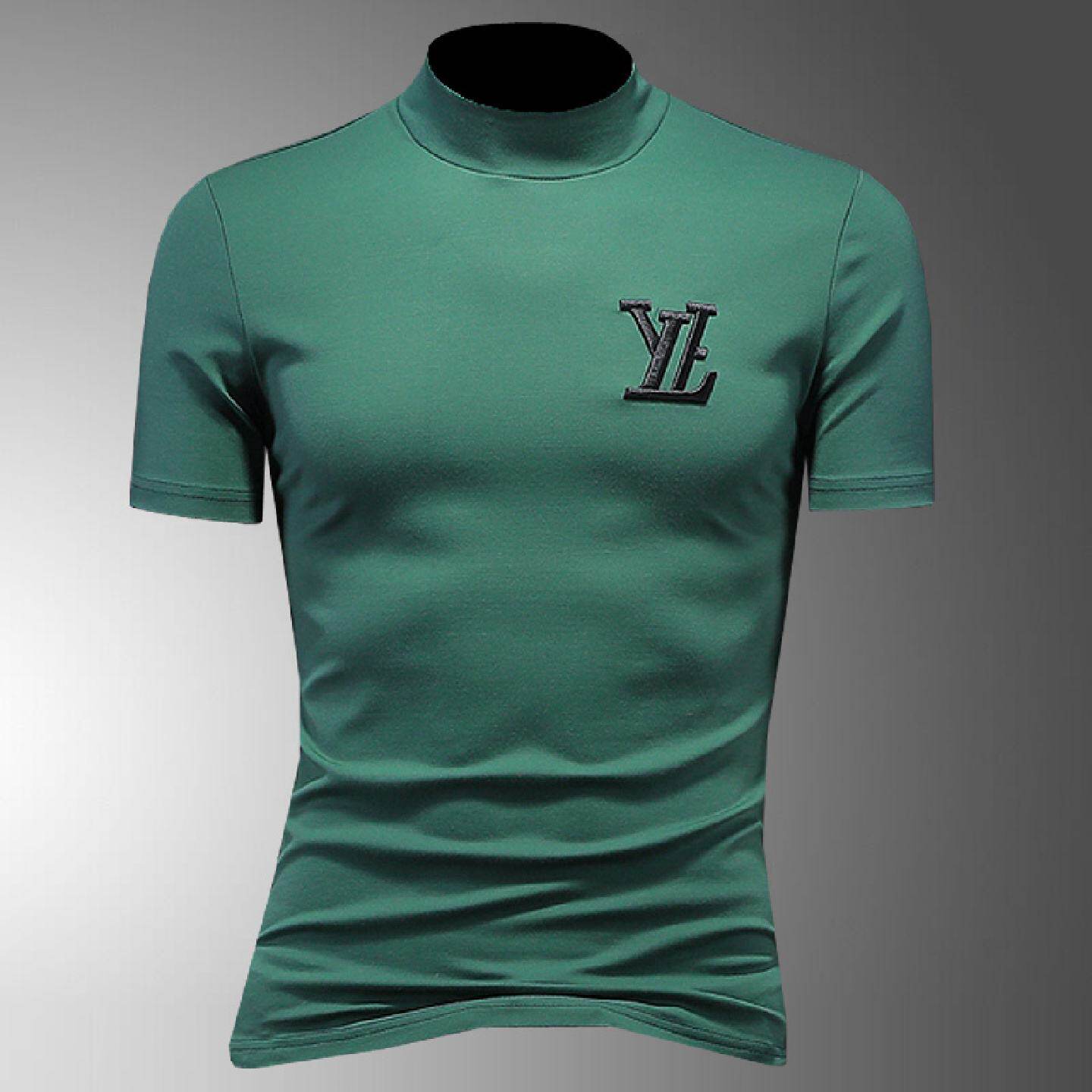 薄绒短袖恤男士秋冬丝光棉半高领打底衫潮牌刺绣修身中领恤衫潮男