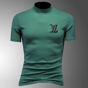 薄绒短袖恤男士秋冬丝光棉半高领打底衫潮牌刺绣修身中领恤衫潮男