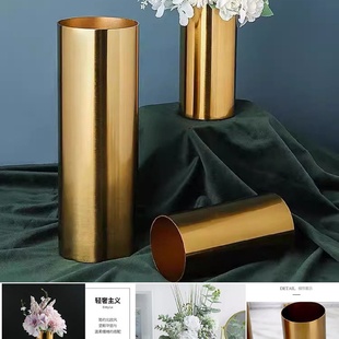 圆筒金属电镀花瓶摆件客厅样板房金色铁艺插花器轻奢软装 欧式 饰品