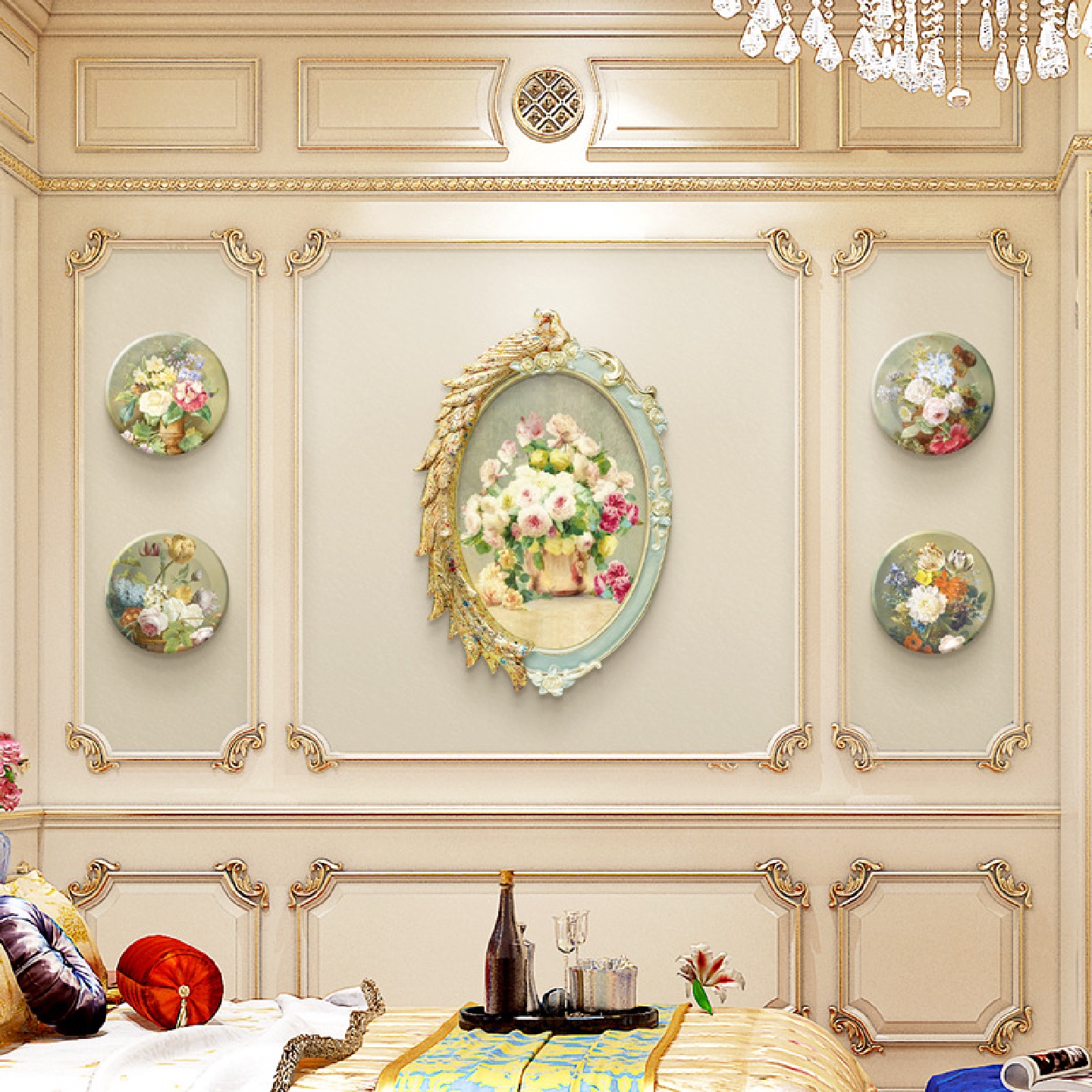 欧式餐厅圆形装饰画简欧盘子别墅酒店挂画油画卧室客厅工厂壁画图片