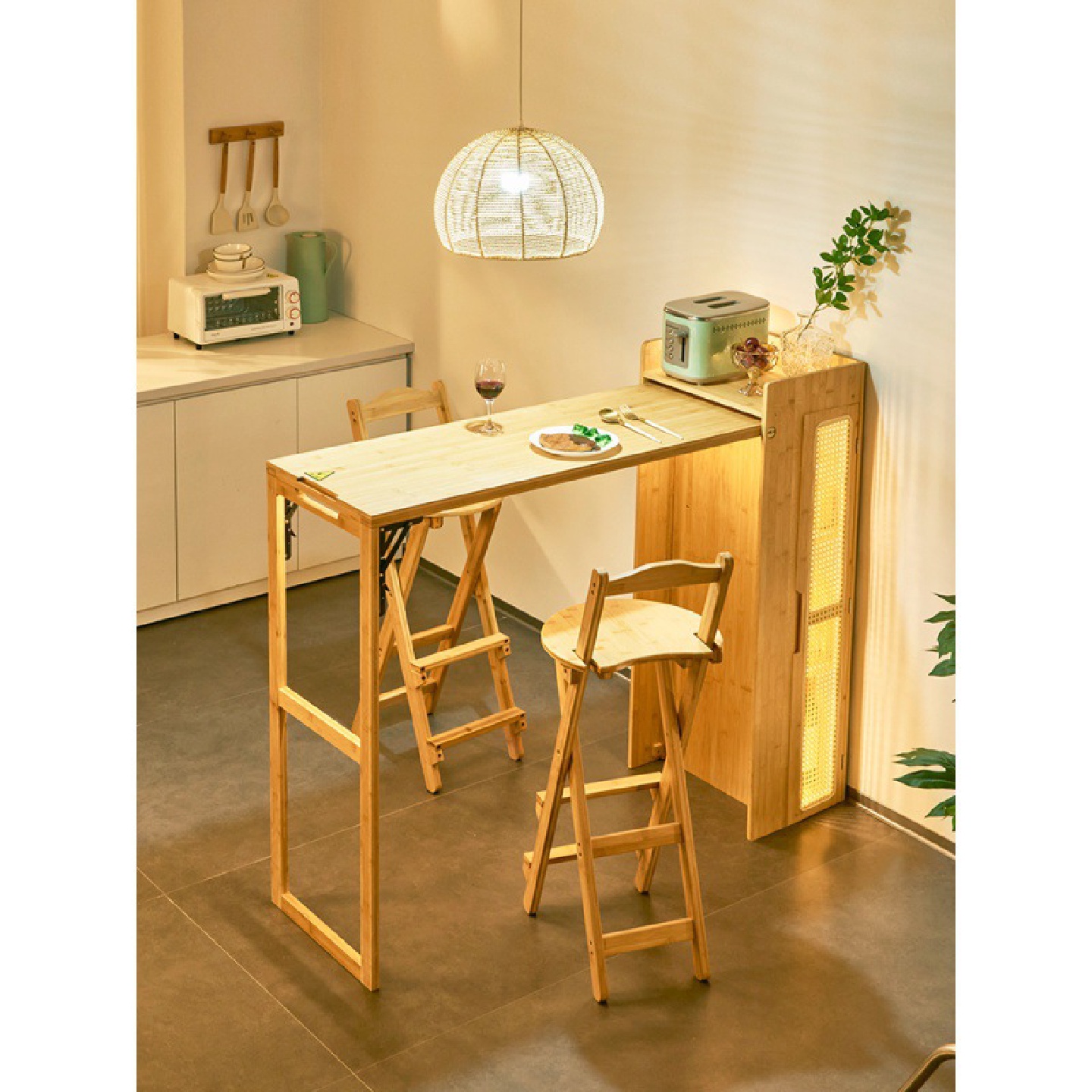 日式实木折叠吧台桌藤编餐边柜一体家用隔断多功能餐桌可伸缩岛台