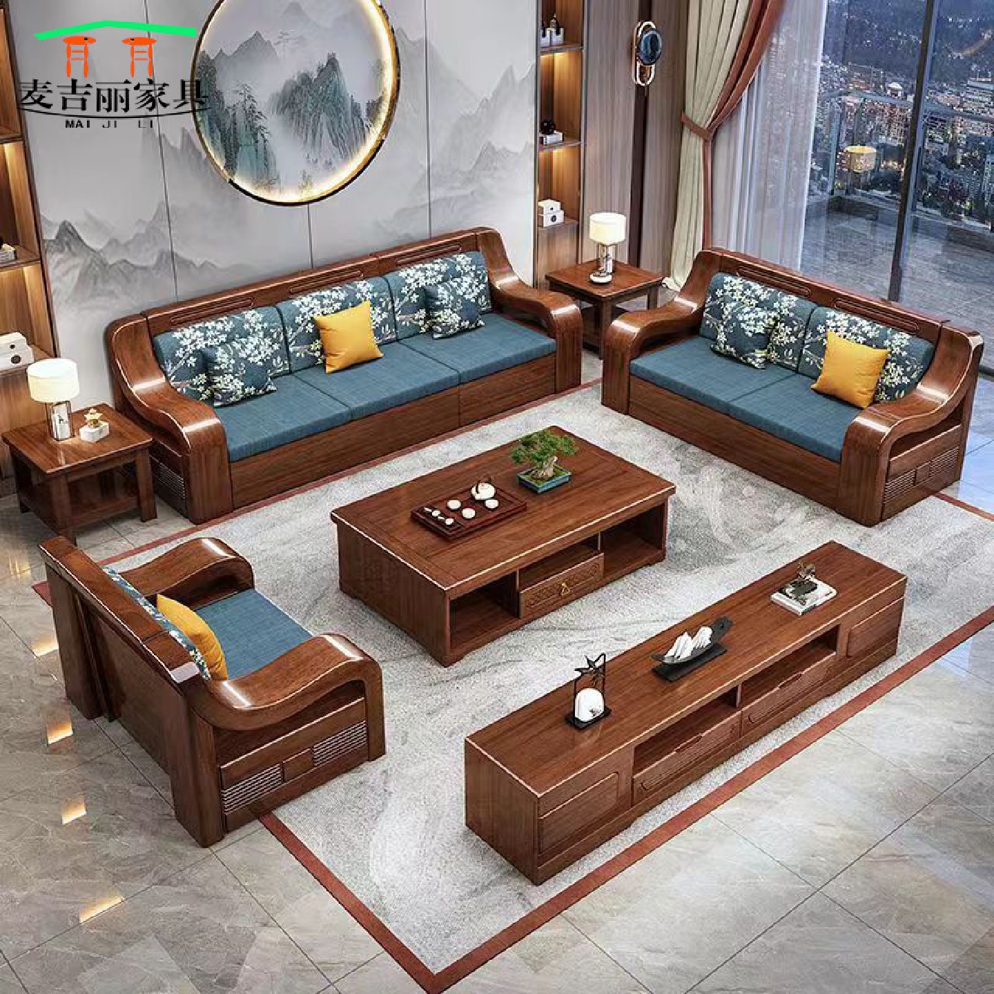 新款胡桃木实木沙发茶几电视柜组合客厅冬夏两用大小户型储物家具