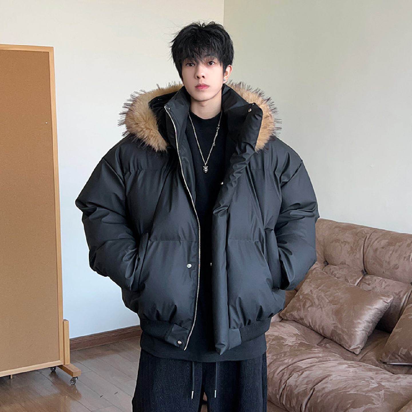 美式cleanfit连帽毛领羽绒服男高级感PU皮加厚保暖短款棉服外套潮