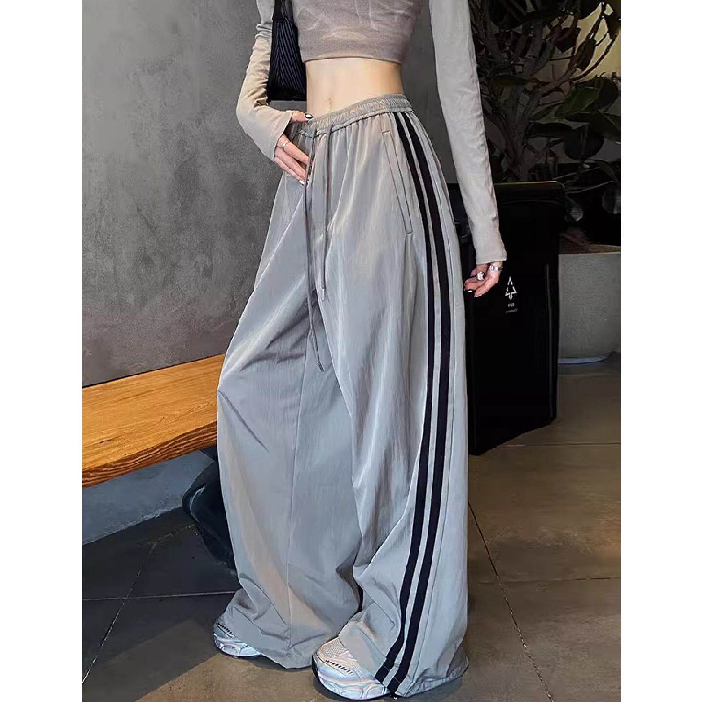 速干条纹运动裤女夏季薄款2025新款冰丝阔腿休闲健身美式跳舞裤子